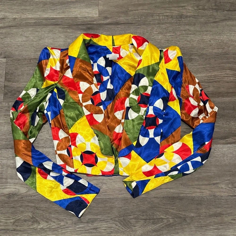 VTG Rubber Ducky 3 Piece Set Small Geometric Satin Blazer Crop Top Wide Leg Pant